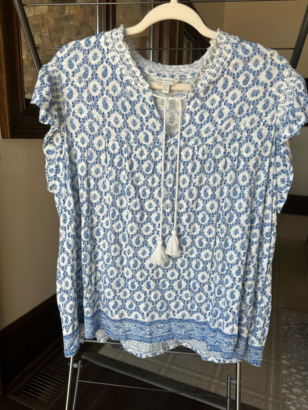 Lucky brand Blue and White Printed Tassel Tie Women's Top